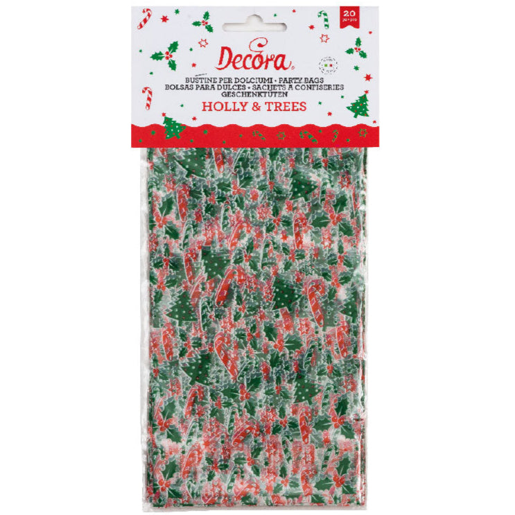 Holly & Xmas Tree Cello Treat Bags Pk 20