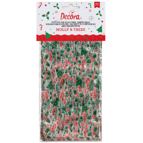 Holly & Xmas Tree  Cello Treat Bags Pk 20