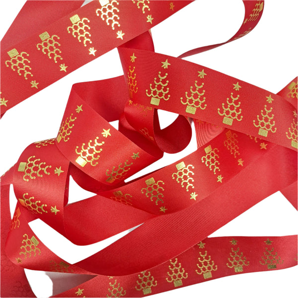 Red Satin Ribbon with Gold Foil Trees 36mm