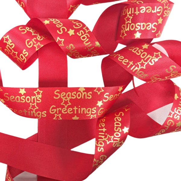 Red Satin Ribbon with Foil Gold Seasons Greetings 32mm