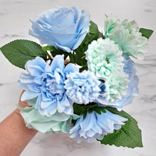 30cm Blue Tied Bundle Rose, Dahlia, Marigold