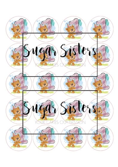 Cute Bear with Number 1 Edible Toppers - (20 Toppers)