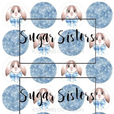 Bunny with Blue Bow Edible Toppers - (20 Toppers)