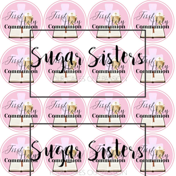 Communion Pink  Edible Toppers - (20 Toppers)