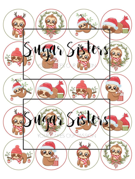 Cute Sloth Christmas Edible Toppers - (20 Toppers)