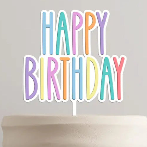 Happy Birthday Cake Topper in White MDF & Pastel Acrylic
