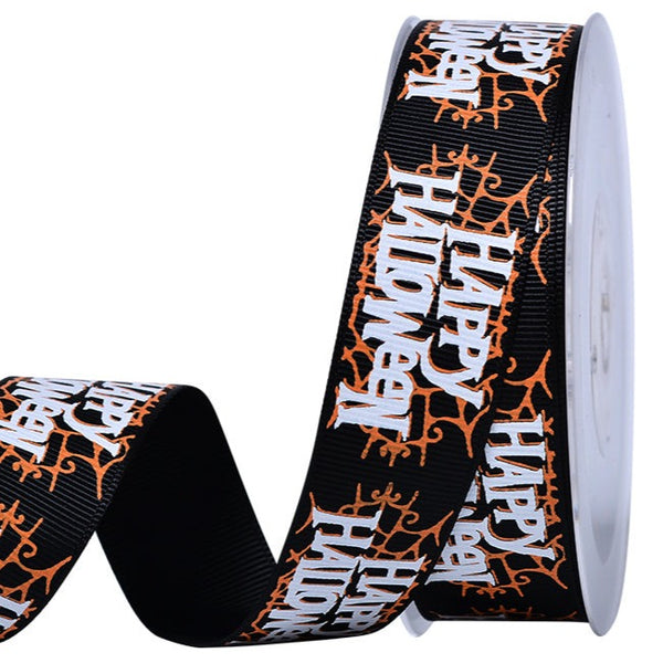 Happy Halloween Orange Web Ribbon 25mm x Metre