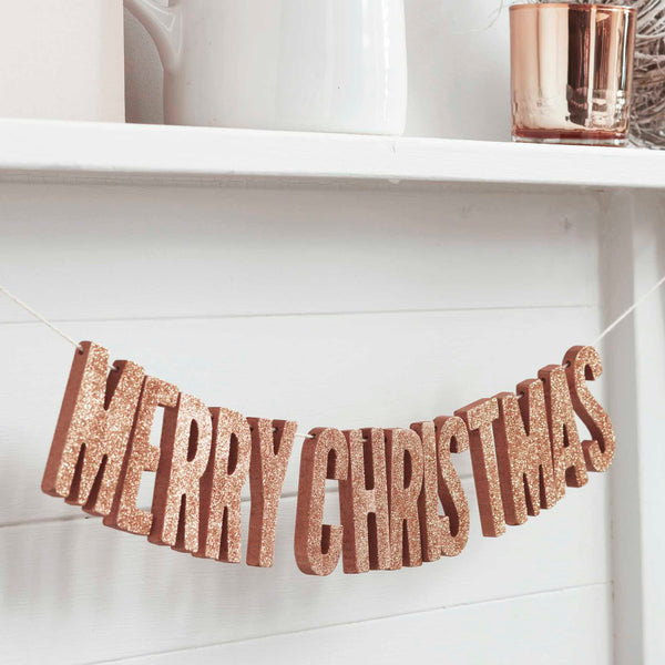 Rose Gold Glitter Wooden Merry Christmas Bunting