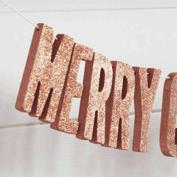 Rose Gold Glitter Wooden Merry Christmas Bunting