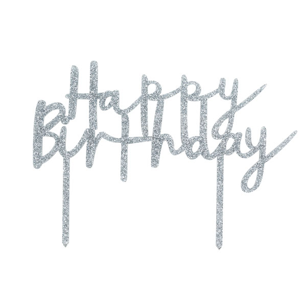 Silver Glitter Acrylic Happy Birthday Cake Topper