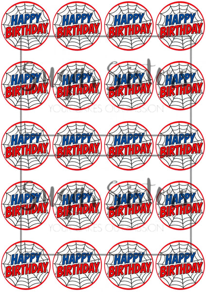 SpiderWeb Happy Birthday Edible Toppers - (20 Toppers)