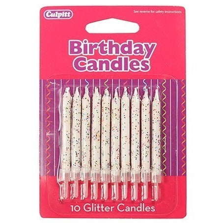 White Glitter Candles Pk 10