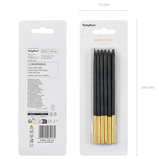 Tall Candles Black & Gold Pk 12