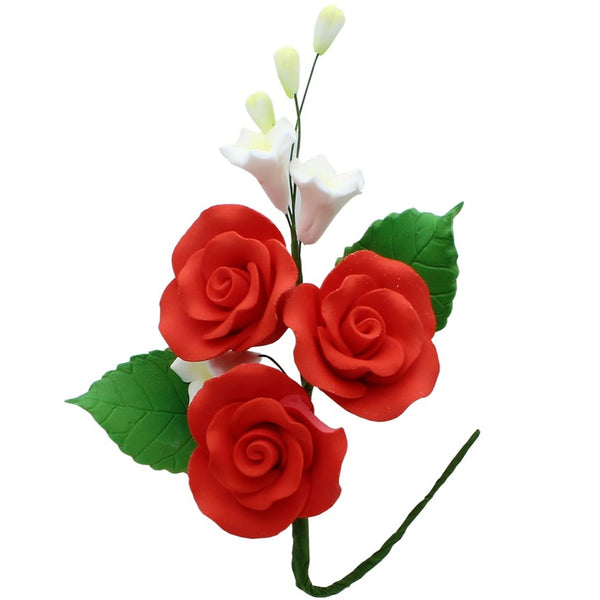 Red Wired Rose Sugar Flower Spray - 110mm