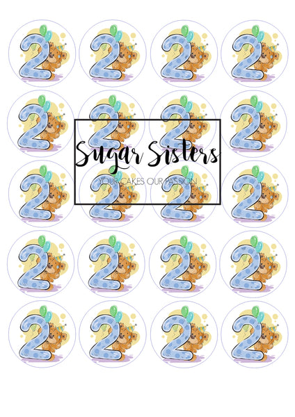 Cute Bear with Number 2 Edible Toppers - (20 Toppers)