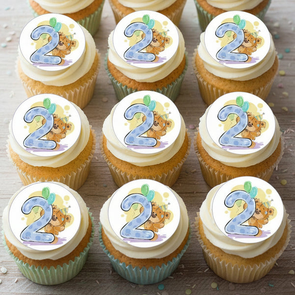 Cute Bear with Number 2 Edible Toppers - (20 Toppers)