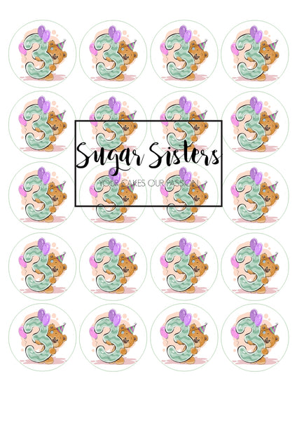 Cute Bear with Number 3 Edible Toppers - (20 Toppers)