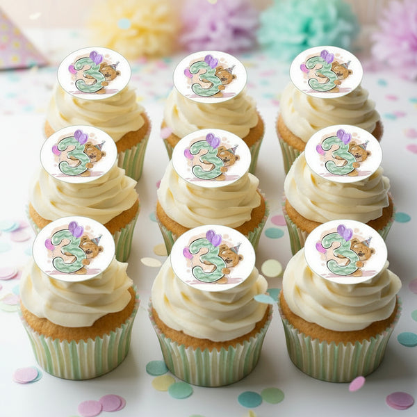 Cute Bear with Number 3 Edible Toppers - (20 Toppers)