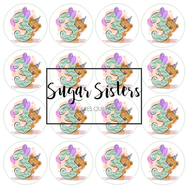 Cute Bear with Number 3 Edible Toppers - (20 Toppers)