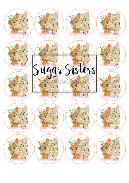 Cute Bear with Number 4 Edible Toppers - (20 Toppers)