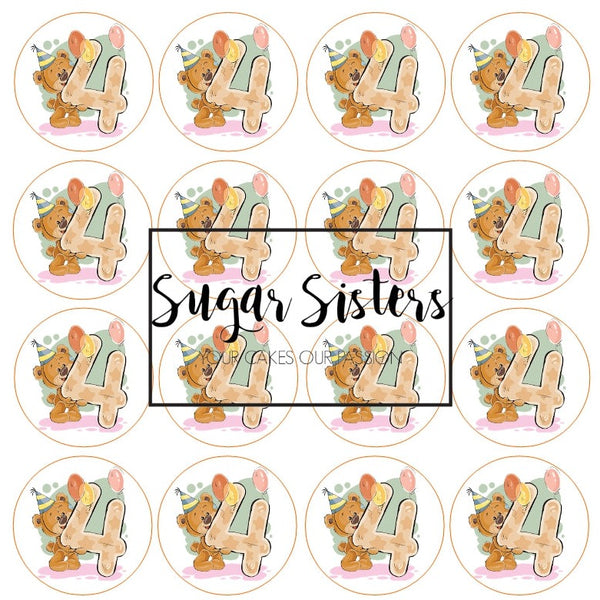 Cute Bear with Number 4 Edible Toppers - (20 Toppers)