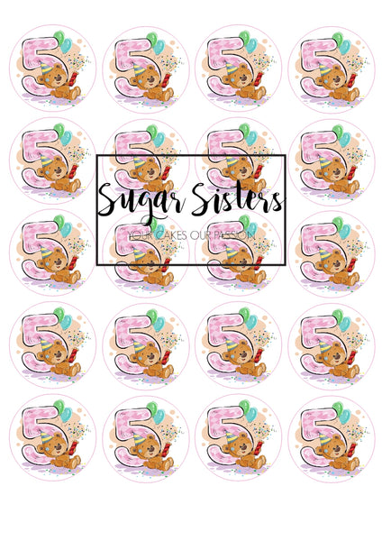 Cute Bear with Number 5 Edible Toppers - (20 Toppers)