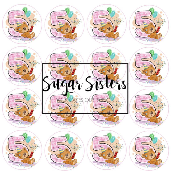 Cute Bear with Number 5 Edible Toppers - (20 Toppers)