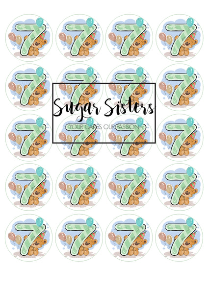 Cute Bear with Number 7 Edible Toppers - (20 Toppers)