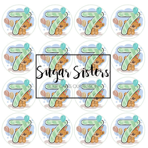 Cute Bear with Number 7 Edible Toppers - (20 Toppers)