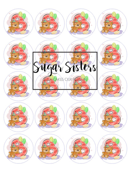 Cute Bear with Number 8 Edible Toppers - (20 Toppers)