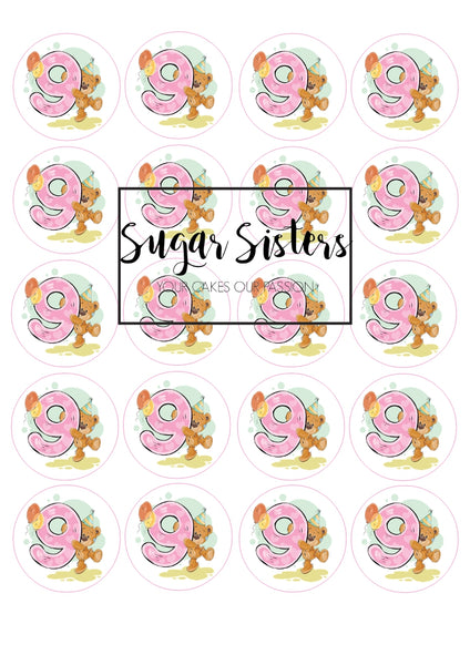 Cute Bear with Number 9 Edible Toppers - (20 Toppers)