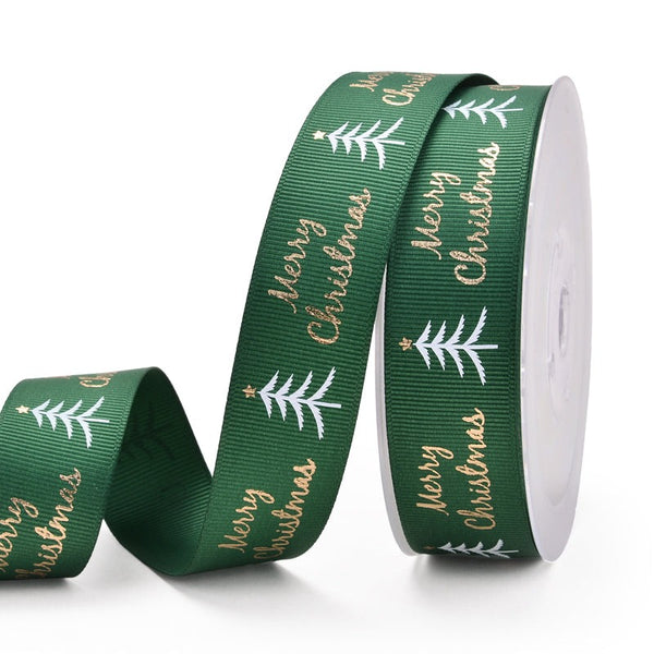 Green Merry Christmas with White Trees 25mm Ribbon per Metre