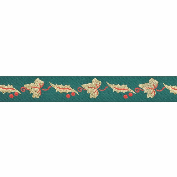 Green Ribbon with Gold Holly Leaves 24mm