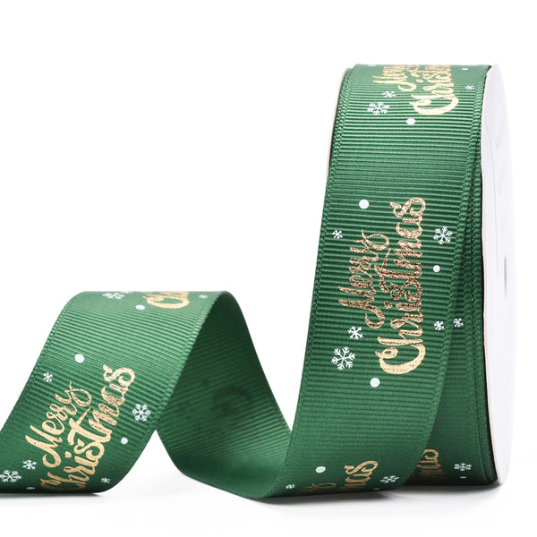 Green with Gold Foil Merry Christmas 25mm Ribbon per Metre