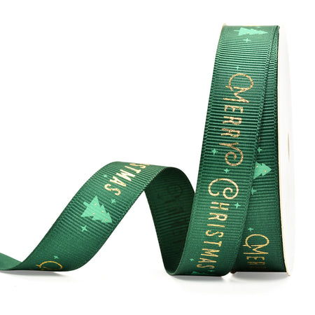 Green with Gold Foil Merry Christmas 25mm Ribbon per Metre