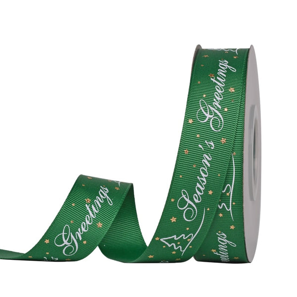 Green with White Seasons Greetings 25mm Ribbon per Metre