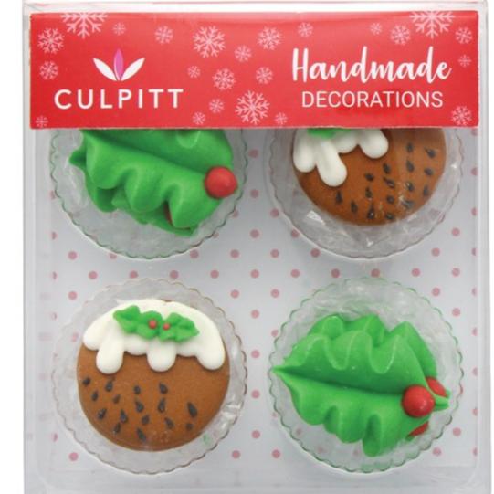 Holly & Xmas Pudding Sugar Decorations Pk 12