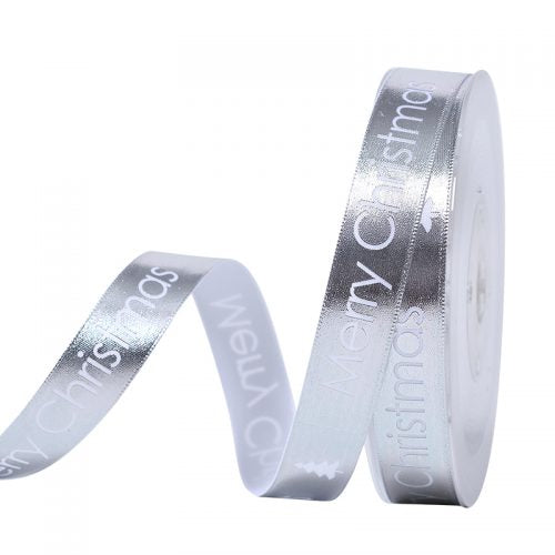 Silver Foil Merry Christmas 16mm Ribbon per Metre