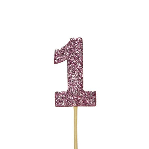 Pink Glitter '1' Numeral Cupcake Toppers Pk 12
