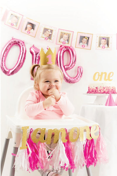 Pink 'One' Air-Fill Balloon Banner with Ribbon