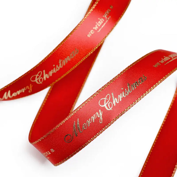 Red Merry Christmas Gold Edge 16mm Ribbon per Metre