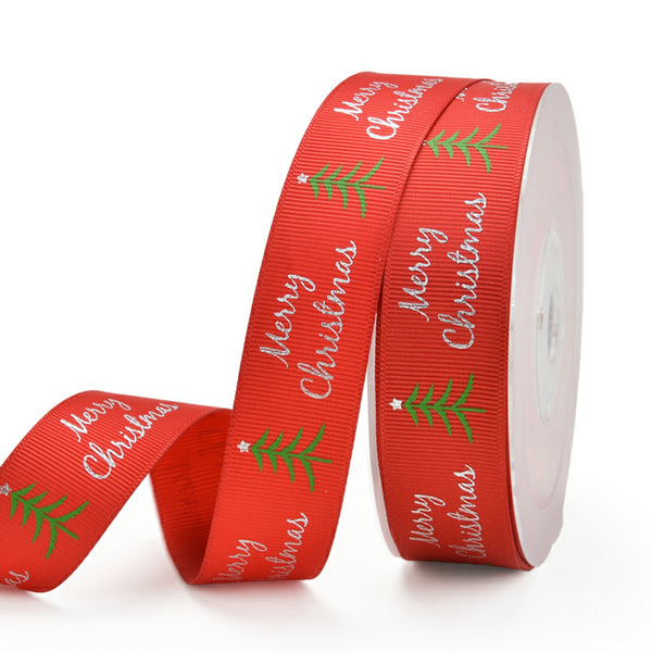 Red with Green Tree 25mm Ribbon per Metre