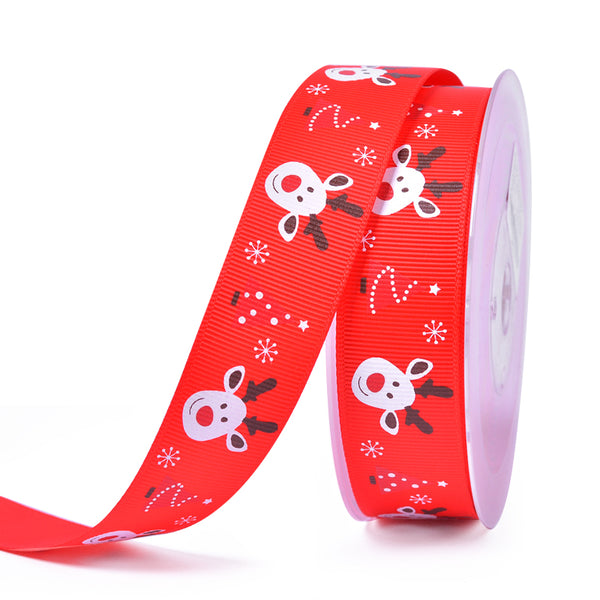 Red with Cute Reindeer 25mm Ribbon per Metre