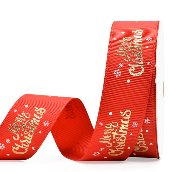 Red with Gold Foil Merry Christmas 25mm Ribbon per Metre