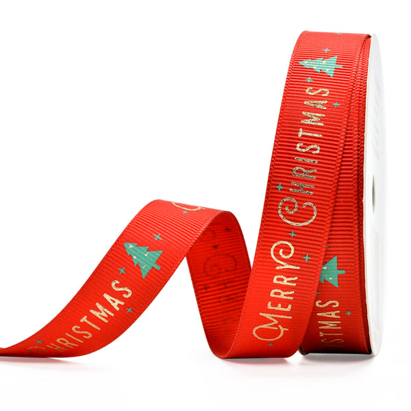 Red with Gold Merry Christmas 16mm Ribbon x Metre
