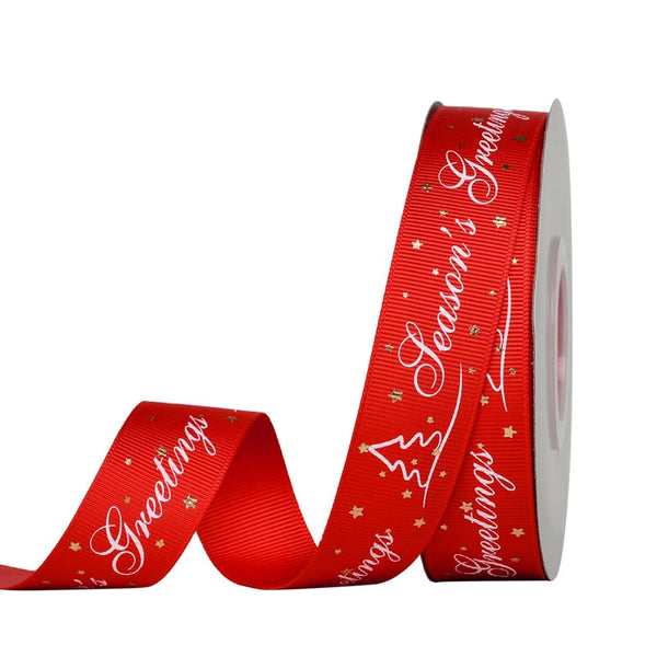 Red with White Seasons Greetings 25mm Ribbon per Metre