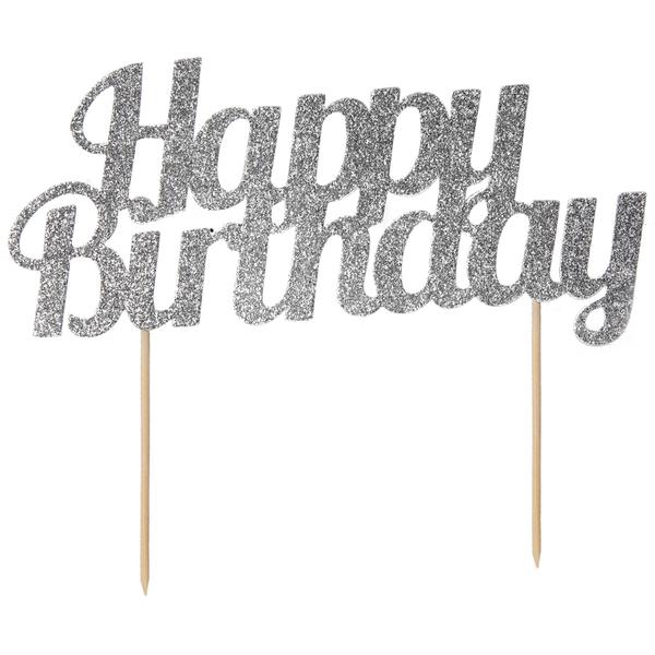 Silver Glitter Happy Birthday Cake Topper