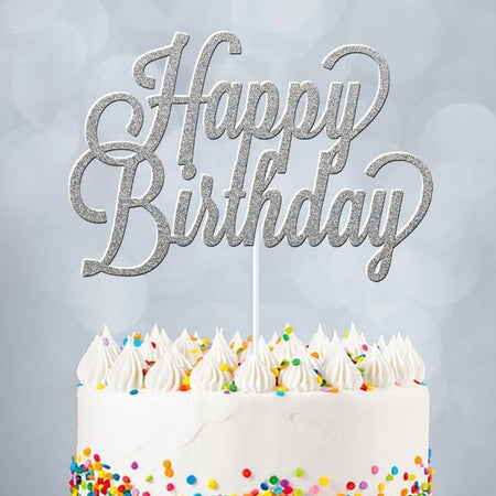 Silver Glitter Happy Birthday Cake Topper