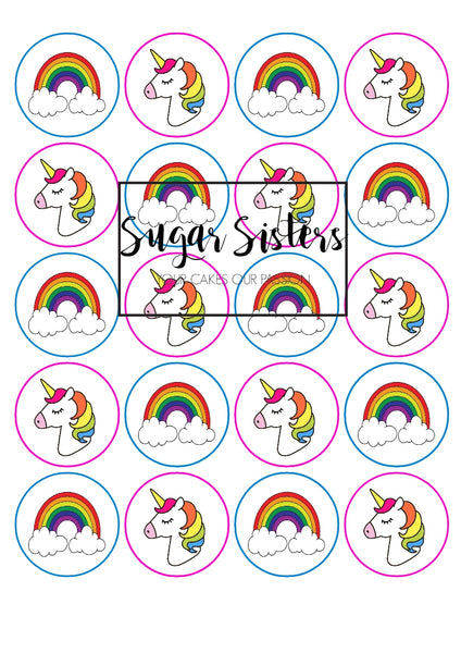 Unicorn & Rainbow  Edible Toppers - (20 Toppers)