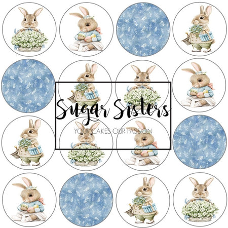 Bunny with Blue Bow Edible Toppers - (20 Toppers)